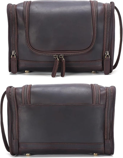 Polare Full Grain Leather Toiletry Bag Travel Dopp Kit Makeup Cosmetic Organizer Shaving Kit Wash Case with Hanging Hook
