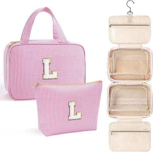 YOOLIFE Christmas Gifts for Teenage Girls Kids Stocking Stuffers, Initial Hanging Toiletry Bag for Teen Girl Kids, Travel Toiletry Bag Gifts for Mom Daughter Sister Friends, Letter L, Pink