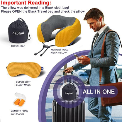 napfun Neck Pillow for Traveling, Upgraded Travel Neck Pillow for Airplane 100% Pure Memory Foam Travel Pillow for Flight Headrest Sleep, Portable Plane Accessories, Luxury Sets (Optional), Yellow