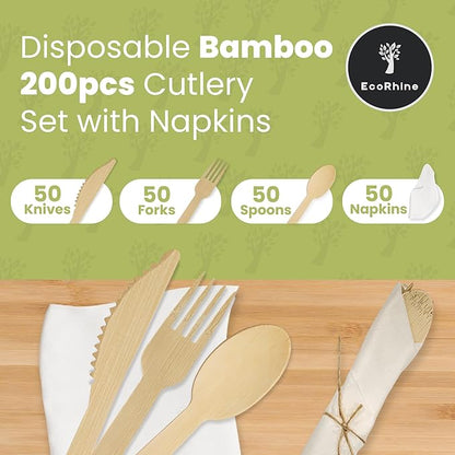 Bamboo Cutlery Set 200 PCS | 50 Packs of Pre Rolled Utensils with Napkins | Eco Friendly Disposable Cutlery for Weddings, Parties, Camping & Events | Each Pack Includes Fork, Knife & Spoon