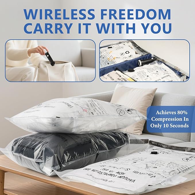 NESCCI Travel Vacuum Bags for Clothing with Rechargeable Wireless Air Pump,18 Pack Compression Seal Packing Bags for Luggage Suitcase,Carry-on Size Space Saver Vacuum Storage Bags