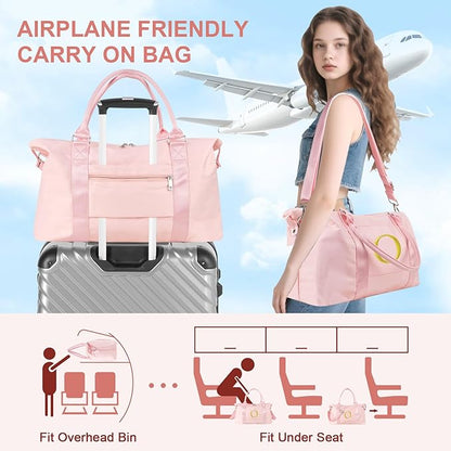 Personalized Initial Gym Dance Bag, Travel Duffel Bag for Teen Girls, Carry On Bag Overnight Weekender Bag with Trolley Sleeve, Birthday Gifts for Women Mom Daughter Graduation Gift(Letter O, Pink)