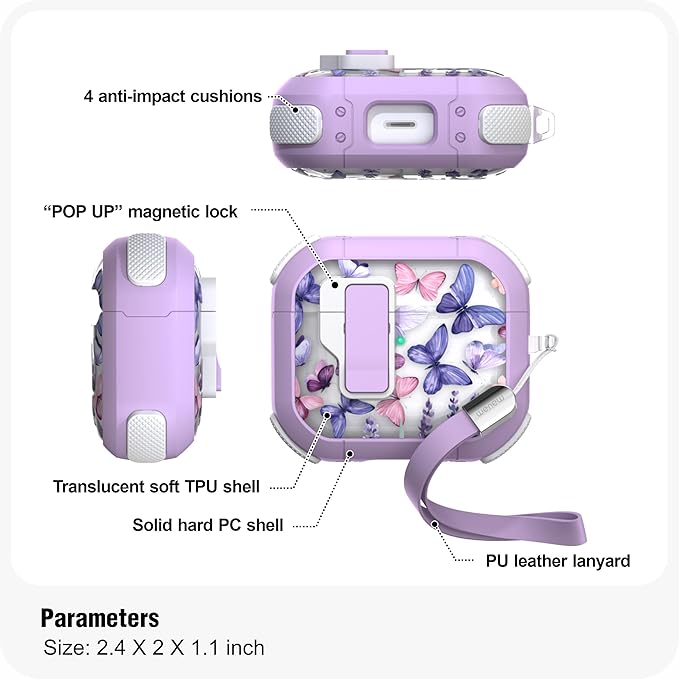 WENEW Case for AirPods 3 Case Cover Secure Lock Automatic Snap Switch Clip Cleaner Kit Lanyard Women Stylish Flower Armour Hard Shell Full Body Front LED Visible (Purple Butterfly, AirPods 3rd)