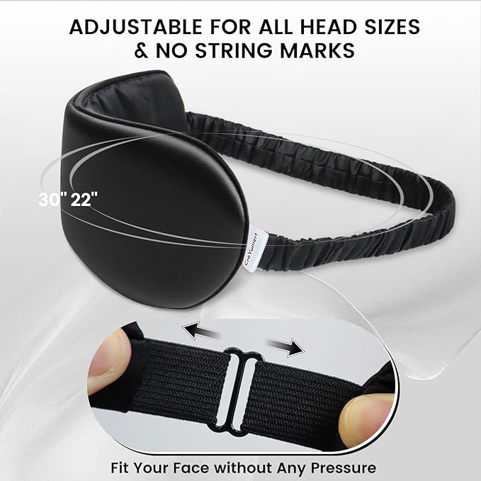 Pure 22 Momme 6A Grade Mulberry Silk Sleep Mask for Side Sleepers - Adjustable, 100% Blackout Eye Mask with Travel Pouch (Black)