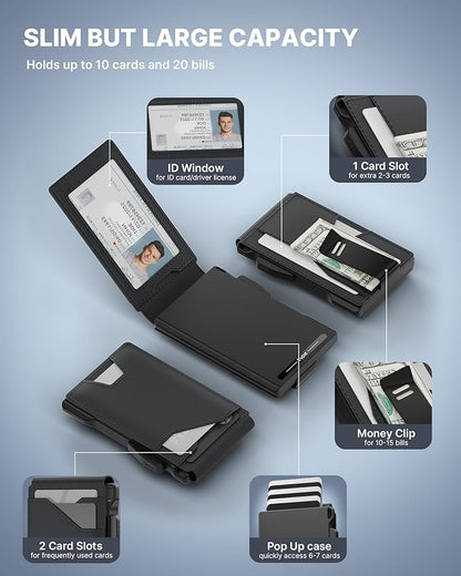 typecase Tactical Wallet for Men Card Holder: Pop Up Card Case, Genuine Leather, Smart, RFID Blocking, Slim, Minimalist, Thin, Front Pocket - 13 Card Capacitiy, ID Window, Money Clip (Dark Black)
