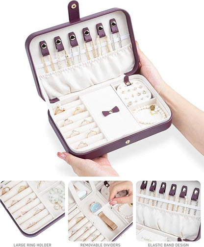 2-Layer Travel Jewelry Box for Women, Portable Jewelry Organizer with Mirror & Removable Dividers, PU Leather Jewelry Case – Gift for Wife, Mom, Girlfriend (Burgundy White)