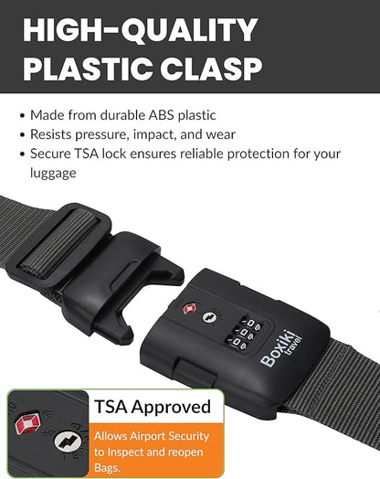 TSA Approved Luggage Straps – Set of 2 Anti-Burst Adjustable Polyester Suitcase Belts with 3-Dial Combination Lock – Prevents Accidental Opening, Secure Travel (Gray)