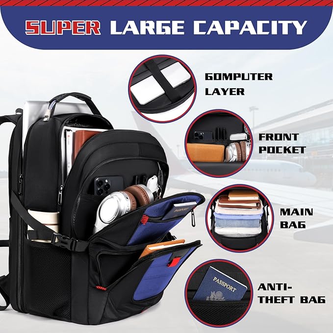 Travel Backpack, Extra Large Backpack, Laptop Bag for Men Women, Fits 17 Inch Laptop, 50L Water Resistant Flight Approved Business Work College Computer Bag, Dark Blue