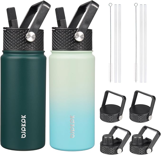 BJPKPK 2 Pack Insulated Water Bottles with Straw Lids, 18oz Stainless Steel Metal Water Bottle with 6 Lids, Leak Proof BPA Free Jugs, Cups, Flasks for Travel, Sports (Army Green+Mint)