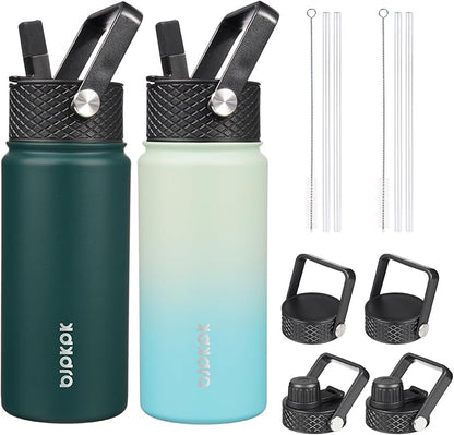 BJPKPK 2 Pack Insulated Water Bottles with Straw Lids, 18oz Stainless Steel Metal Water Bottle with 6 Lids, Leak Proof BPA Free Jugs, Cups, Flasks for Travel, Sports (Army Green+Mint)