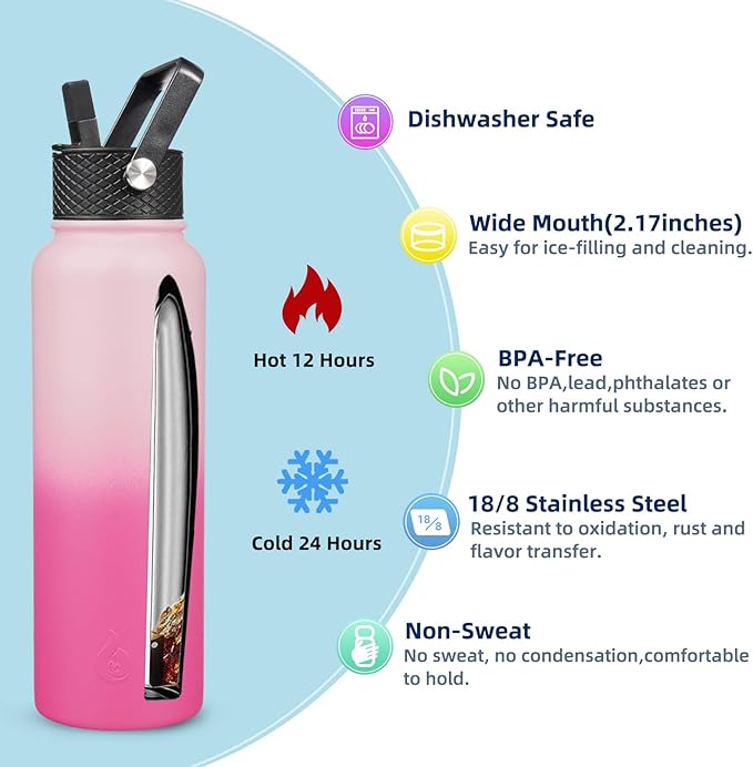 BJPKPK Insulated Water Bottles with Straw Lid, 40oz Stainless Steel Metal Water Bottle with 3 Lids, Reusable Thermo, Keep Cold Hot for Sports, Gym-Cherry