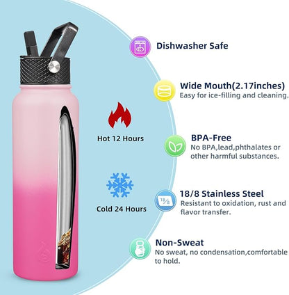 BJPKPK Insulated Water Bottles with Straw Lid, 40oz Stainless Steel Metal Water Bottle with 3 Lids, Reusable Thermo, Keep Cold Hot for Sports, Gym-Cherry