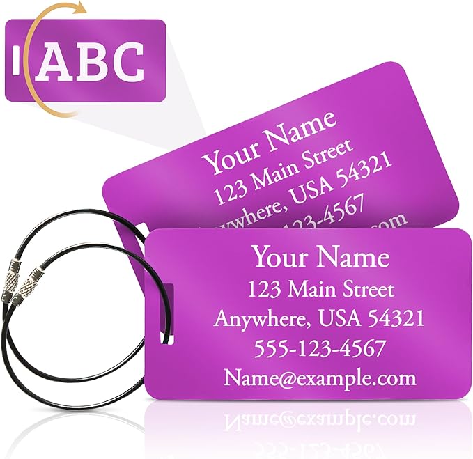 Two Custom Engraved Aluminum Luggage Tags (Purple)