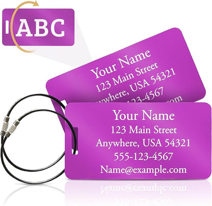 Two Custom Engraved Aluminum Luggage Tags (Purple)