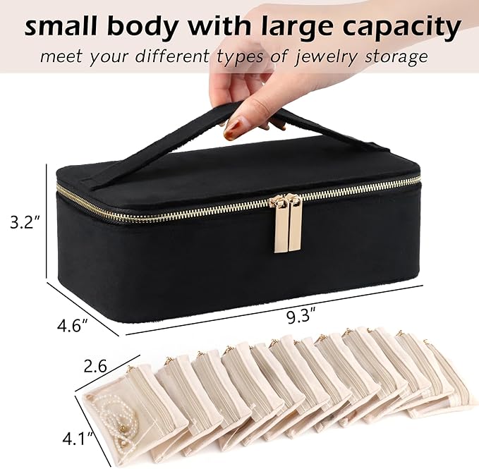 HofferRuffer Jewelry Box Organizer for Women Girls, Travel Jewelry Case with Portable Zipper Bags, Jewelry Storage Ideal for Travel & Home Organization (12pcs-Black Velvet)