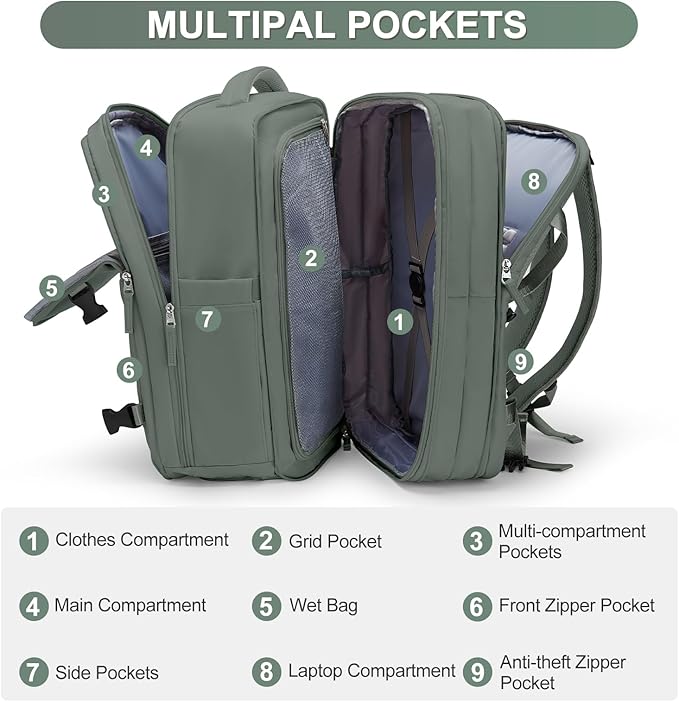 coofay Carry on Backpack Travel Backpack, Olive Green-expandable