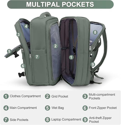 coofay Carry on Backpack Travel Backpack, Olive Green-expandable