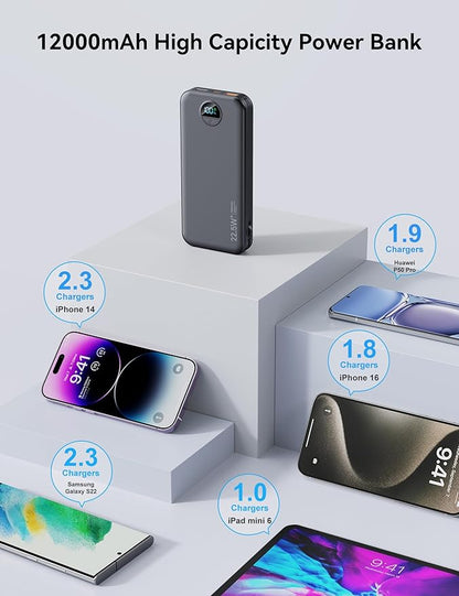 12000mAh Ultra-Portable-Charger-Power-Bank with Built in Cables&AC Wall Plug,PD20W USB-C Fast Charging Cell Phone Charger Battery Pack,LED Display Travel Battery Bank for All iPhone,Samsung,Android