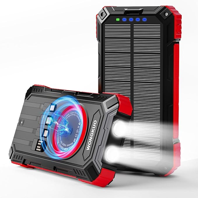 WONGKUO Solar Charger Power Bank - 49800mAh Solar Phone Charger with USB-C in/Output, QC 3.0 Fast Charging with LED Flashlight, Built-in 4 Cables, IP65 Waterproof Fits for Outdoor (Brilliant Red)