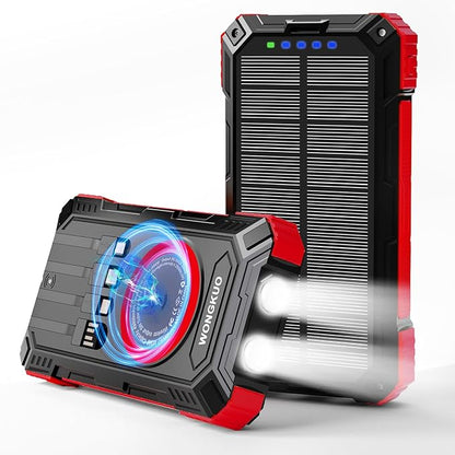 WONGKUO Solar Charger Power Bank - 49800mAh Solar Phone Charger with USB-C in/Output, QC 3.0 Fast Charging with LED Flashlight, Built-in 4 Cables, IP65 Waterproof Fits for Outdoor (Brilliant Red)
