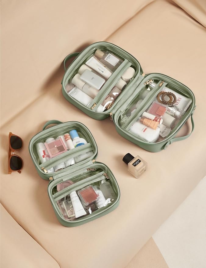 Clear Cosmetic Bag Double Layer Travel Toiletry Bag Clear Makeup Bag Case with 4 Compartments, Transparent Travel Bag for Toiletries, Large Toiletry Bag for Women Cosmetic Case (Sage Green, Small)