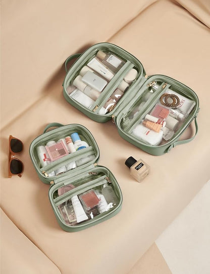 Clear Cosmetic Bag Double Layer Travel Toiletry Bag Clear Makeup Bag Case with 4 Compartments, Transparent Travel Bag for Toiletries, Large Toiletry Bag for Women Cosmetic Case (Sage Green, Small)