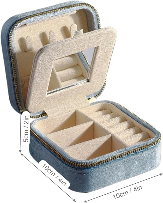 Velvet Jewelry Box, Small Travel Jewelry Organizer, Portable Jewelry Case for Women with Mirror, Sky Blue Mini Plush Travel Box