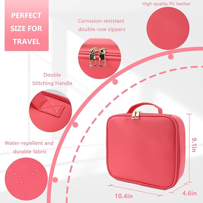 Travel Makeup Bag for Makeup Artists Large Makeup Case,with Mirror 3 Color Setting and Detachable 10x Magnifying Mirror Travel Makeup Bag,Portable Storage and Adjustable Dividers（light red）