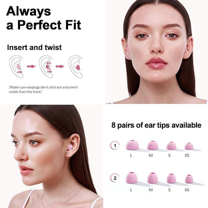 Ear Plugs for Sleeping Noise Cancelling, 45dB Noise Reduction Earplugs for Sleep, Concert, Snoring, Parenting & Noise Sensitivity Relief, Hearing Protection Reusable Earplugs with 8 Soft Tips Pink