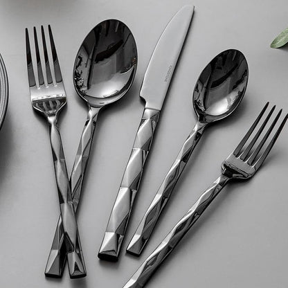 KINGSTONE Black Silverware Set, Luxury 40 Piece Flatware Set for, 18/10 Stainless Steel Cutlery Set with Diamond Cut Pattern for Kitchen, Home, Wedding, Party, Mirror Polished and Dishwasher Safe