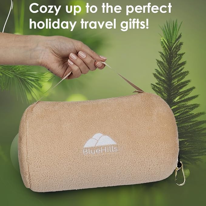 BlueHills Travel Blanket Pillow Rolled Premium Soft Plush Airplane Throw Traveler Essentials Gift Compact in a Bag 70X48 inches Long Car Plane Flight Portable Beige R06