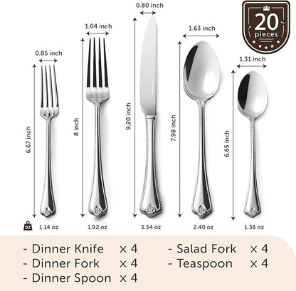 KINGSTONE Silverware Set, 20-piece 18/10 Stainless Steel Flatware Set Cutlery Set for 4, for Kitchen, Home, Wedding, Party, Mirror Polished and Dishwasher Safe, Featured Gifts