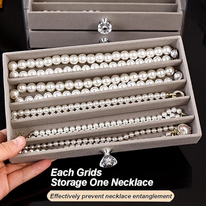 SPAKOWN Necklace Organizer Box, Velvet Necklace Box Holder Tray with Clear Lid Chains Showcase Stackable Necklace Storage for Pendant Bracelet (3 Drawers - Grey)