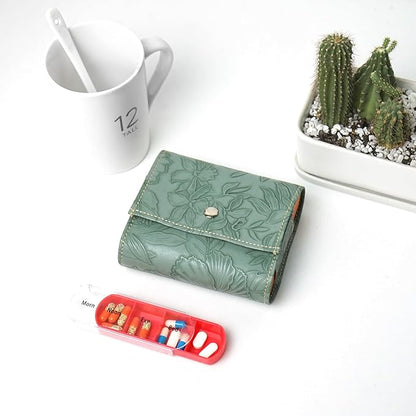 Pill Organizer,LIZIMANDU Weekly Travel Pill Case Box Medication Reminder Daily AM PM, Day Night 7 Compartments,for 4 Times A Day, 7 Days a Week-Includes Leather PU Carrying Case(1-Carved Green)