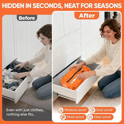 Vacuum Bags for Travel with Pump, Vacuum Packing Cubes for Travelers, Vacuum Seal Bags for Clothing, Reusable IP68 Waterproof Airless Travel Bags for Luggage, Backpack & Suitcase (Orange 2PC + Pump)