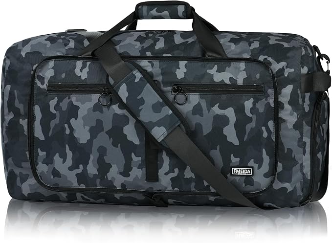 Fmeida 65L Duffle Bag with Shoes Compartment, Foldable Travel Duffel Bags for Men Women, Large Packable Travel Bag Water Repellent & Tear Resistant (BlackCamo)