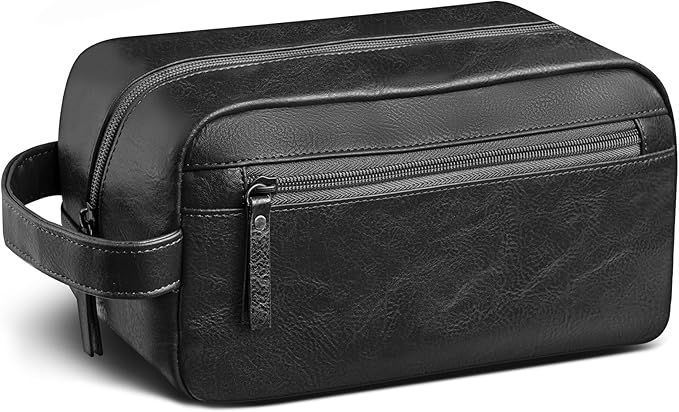 Travel Toiletry Bag for Men and Women, Travel Shaving Dopp Kit Water-resistant Bathroom Toiletries Organizer PU Leather Cosmetic Bags (Black)