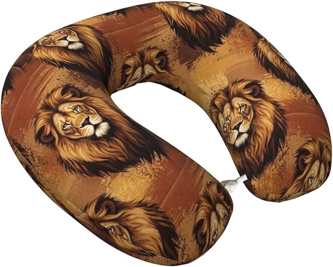 Neck Support Pillow, Comfortable Memory Foam Car/Flight/Airplane Chin Pillows U Shaped Cushion for Office Travel Sleeping Lions Animal King