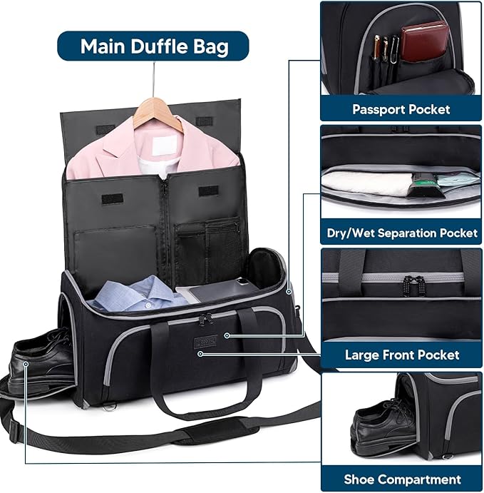 Convertible Garment Bags for Travel, 4 in 1 Duffle Bag for Travel 58L Capacity Carry on Garment Bag with Shoes Compartment Travel Garment Bag with Shoulder Straps Suit Bag for Men Women,Black