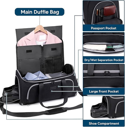 Convertible Garment Bags for Travel, 4 in 1 Duffle Bag for Travel 58L Capacity Carry on Garment Bag with Shoes Compartment Travel Garment Bag with Shoulder Straps Suit Bag for Men Women,Black