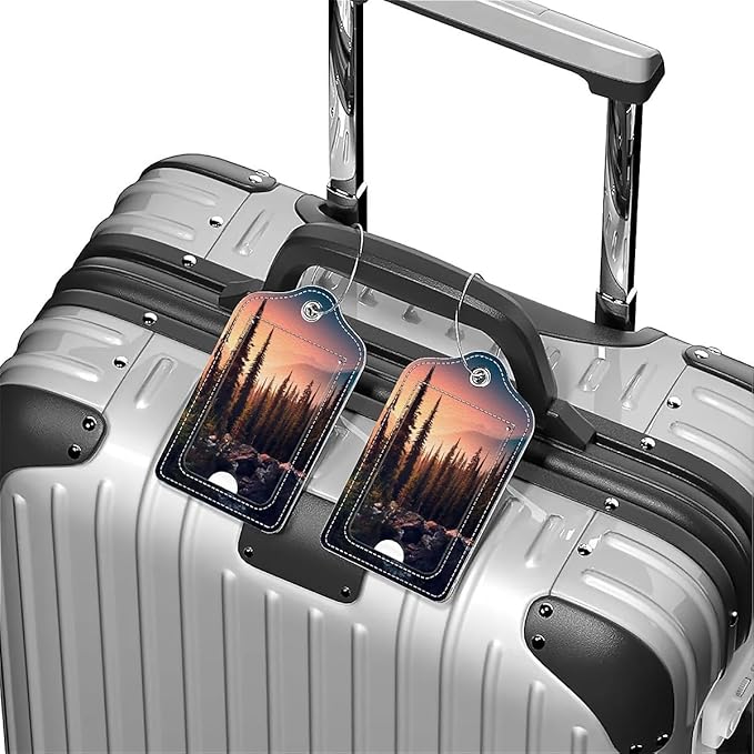 Funny PU Leather Luggage Tags 2-Pack Suitable for Suitcase Stainless Steel Loop and Address Card Essential with Cruise and Airport Travel Mountain Dreams Tree Cute Pattern