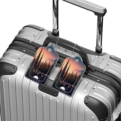 Funny PU Leather Luggage Tags 2-Pack Suitable for Suitcase Stainless Steel Loop and Address Card Essential with Cruise and Airport Travel Mountain Dreams Tree Cute Pattern