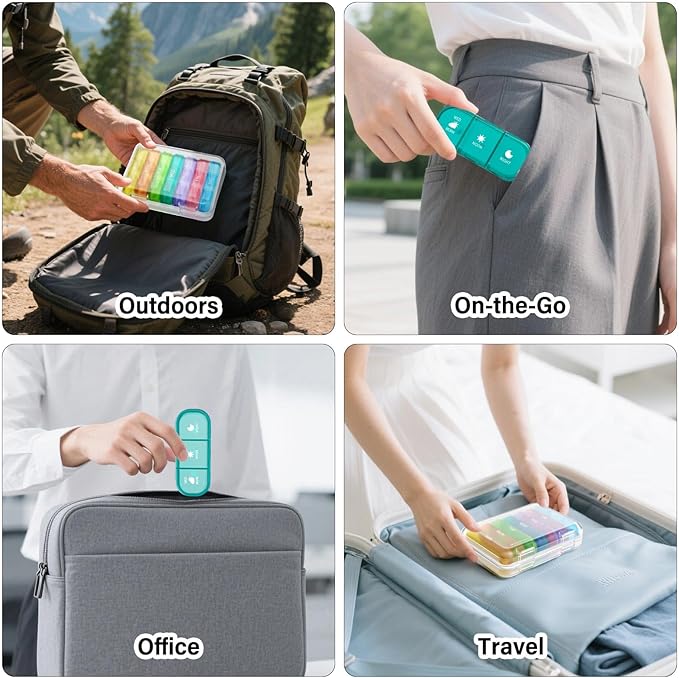 Vikie Weekly Pill Organizer 3 Times a Day, Morn NOON Night, BPA-Free, Portable & Moisture-Proof for Pills, Vitamins, Supplements (3x7 Transparent + Rainbow)