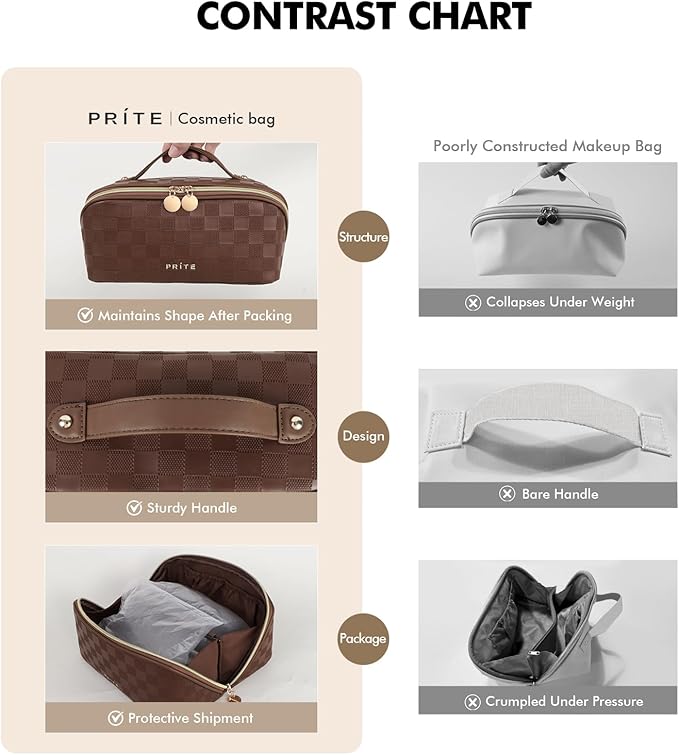 Prite Makeup Bag for Women Travel Waterproof Vegan Leather Cosmetic Bag Open Flat Toiletry Bag With Clear Divider and Handle (Plaid Brown)