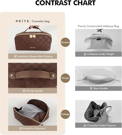 Prite Makeup Bag for Women Travel Waterproof Vegan Leather Cosmetic Bag Open Flat Toiletry Bag With Clear Divider and Handle (Plaid Brown)