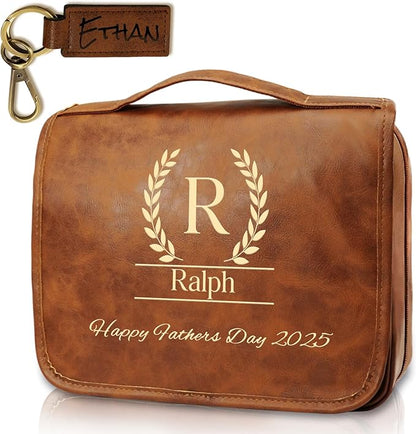 2025 Personalized Custom Christmas Gifts for Men, Large Hanging Toiletry Bag Leather Shaving Toiletries Bags for Him, Waterproof Travel Bag, Gift for Anniversary, Dad, Grandpa, Husband, Lover