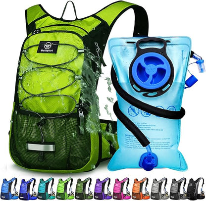 Insulated Hydration Backpack Pack with 3L BPA Free Leak Proof Water Bladder, Large Storage Lightweight Hiking Daypack with Waist Pouches & Cooler Layer, for Running, Biking, Camping, Festival