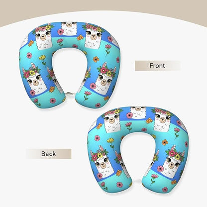Neck Pillows for Travel Cute Alpaca Llama Flowers, Women and Men Airplane Car Pillow, Neck Support U Shaped Pillow for Rest Pain Relief Sleeping