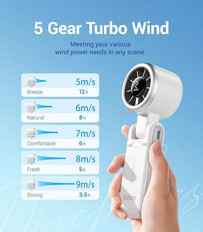 Diveblues Portable Handheld Turbo Fan, 5 Gear Wind, Battery Operated, Up to 12 Working Hours, 3 IN 1 Hand Fan with Air Turbo Tech Cooling Fan for Outdoor Activities, Travel, Working, Silvery white