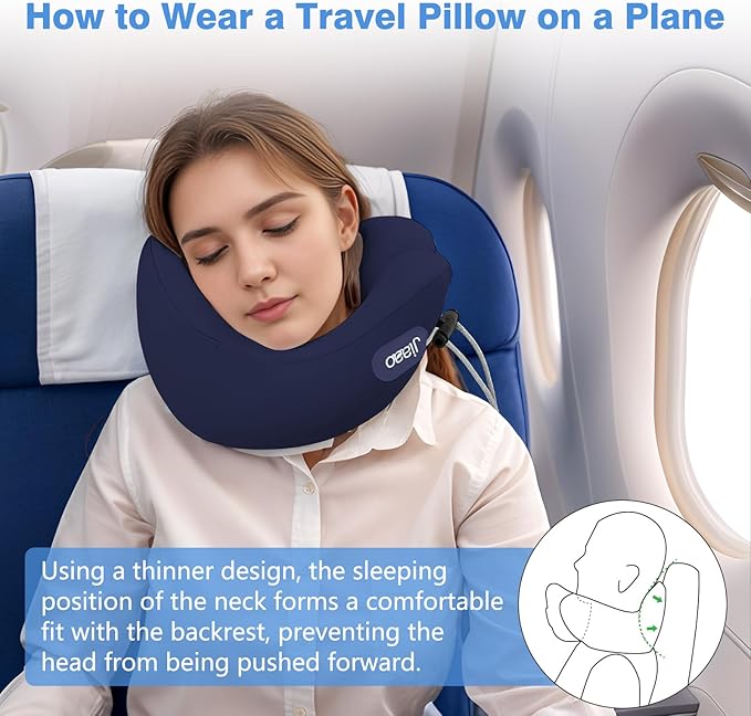 jiaao Neck Pillow Airplane, Ergonomic Memory Foam Travel Pillows for Long Flights, 3D Eye Masks, Ear Plugs and Portable Drawstring Bag, Napping Pillow for Home, Sleep Rest, Family and Travel Use